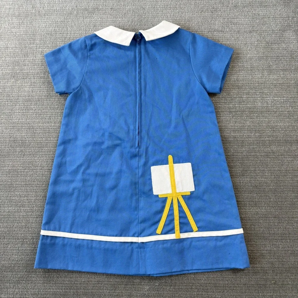 Florence Eiseman Floral Dress Girls 4T Blue White Peter Pan Collar Art Easel